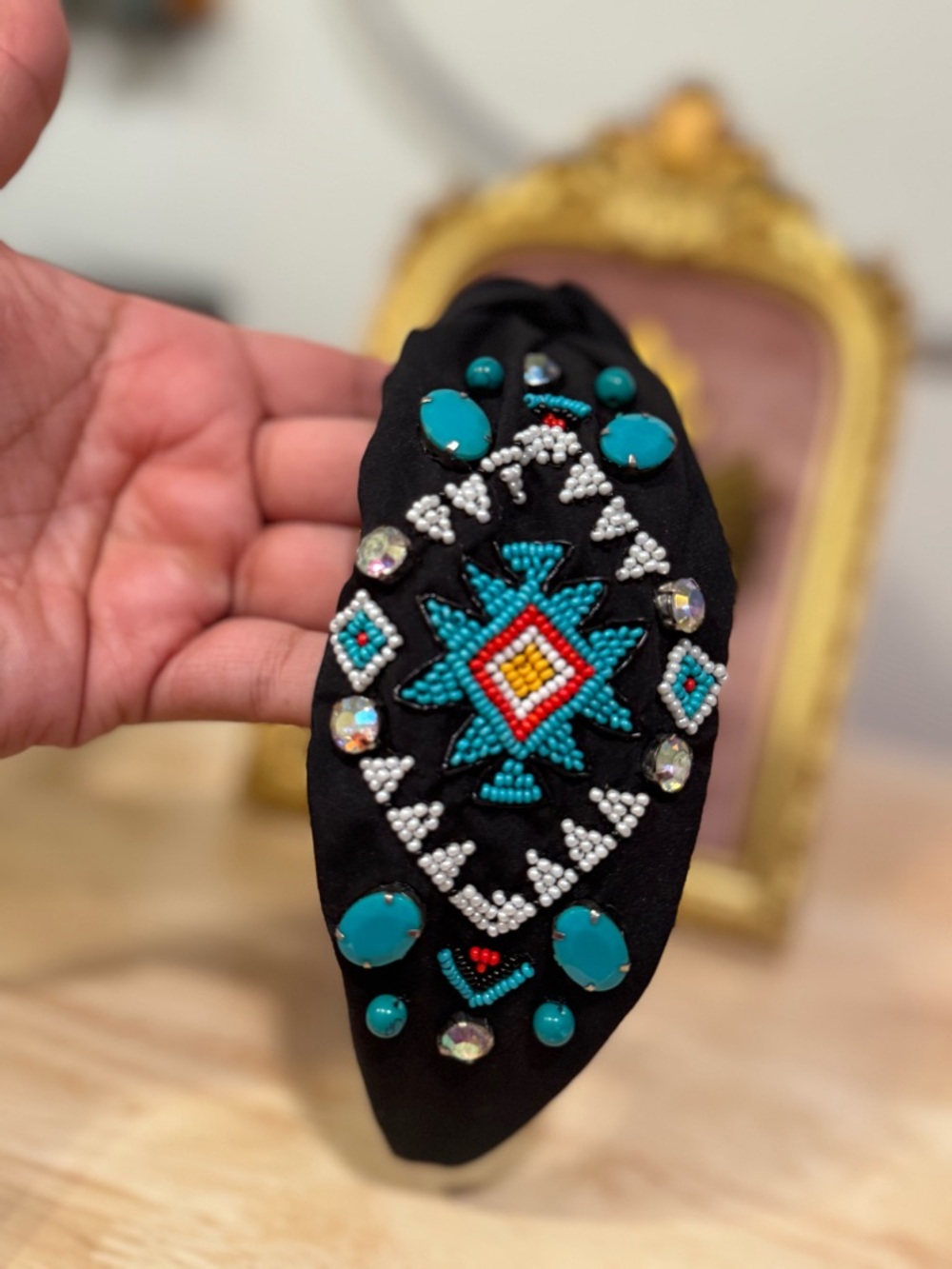 Beaded Turquoise Accent Headband - Black Base